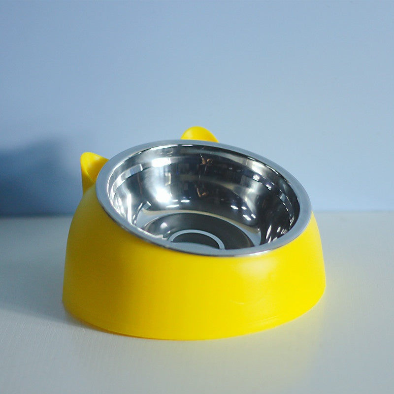 Stainless Steel Double Bowl Cat Dog Cervical Protection Oblique Mouth Hot Pet Food Basin Supplies
