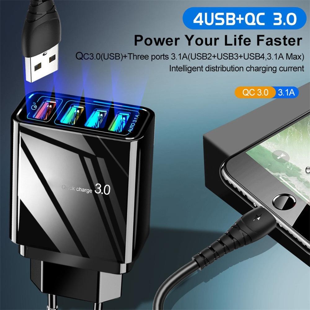 Illuminated 4-USB Phone Charger Plug - 3A Fast Charging Multiport Adapter