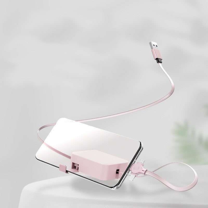 4-in-1 Retractable Charging Data Cable with Phone Stand & Storage - USB to Type C, Micro, Lightning