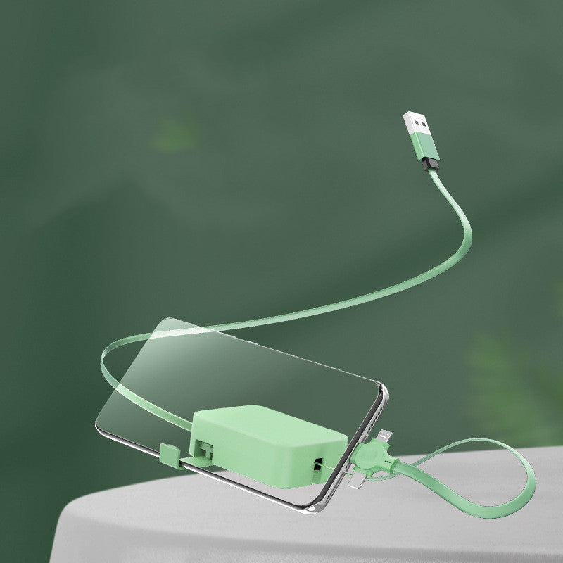 4-in-1 Retractable Charging Data Cable with Phone Stand & Storage - USB to Type C, Micro, Lightning