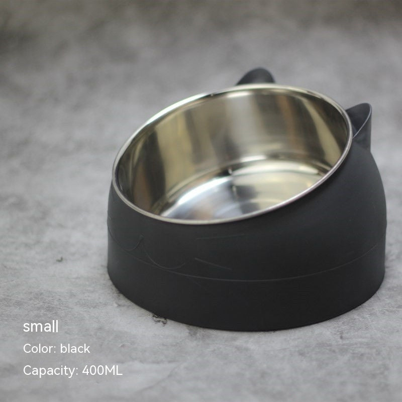Stainless Steel Double Bowl Cat Dog Cervical Protection Oblique Mouth Hot Pet Food Basin Supplies