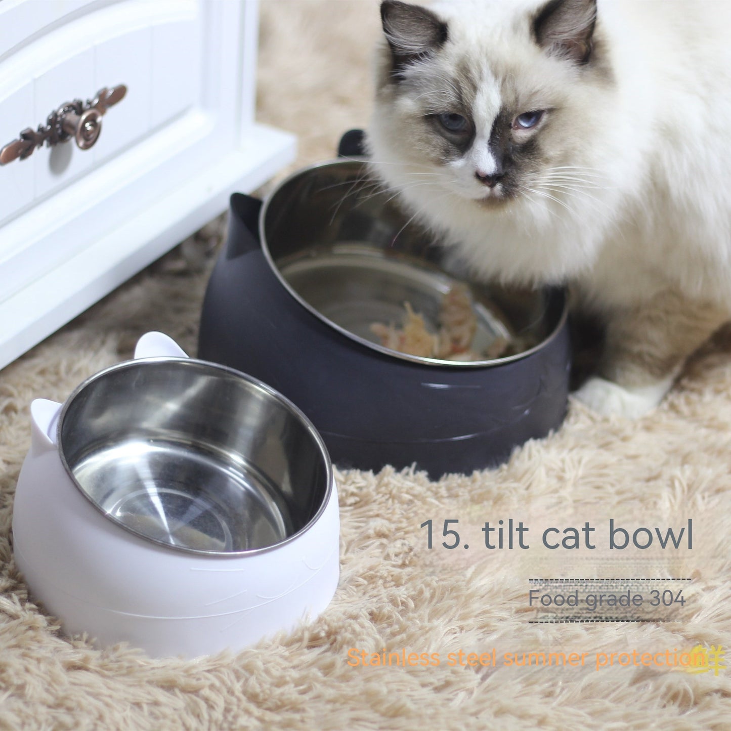 Stainless Steel Double Bowl Cat Dog Cervical Protection Oblique Mouth Hot Pet Food Basin Supplies