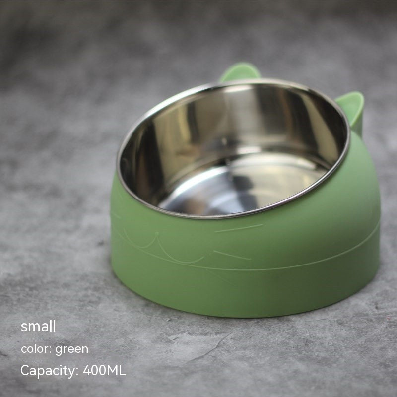 Stainless Steel Double Bowl Cat Dog Cervical Protection Oblique Mouth Hot Pet Food Basin Supplies