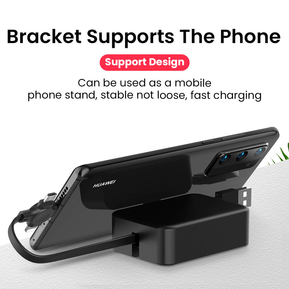 4-in-1 Retractable Charging Data Cable with Phone Stand & Storage - USB to Type C, Micro, Lightning