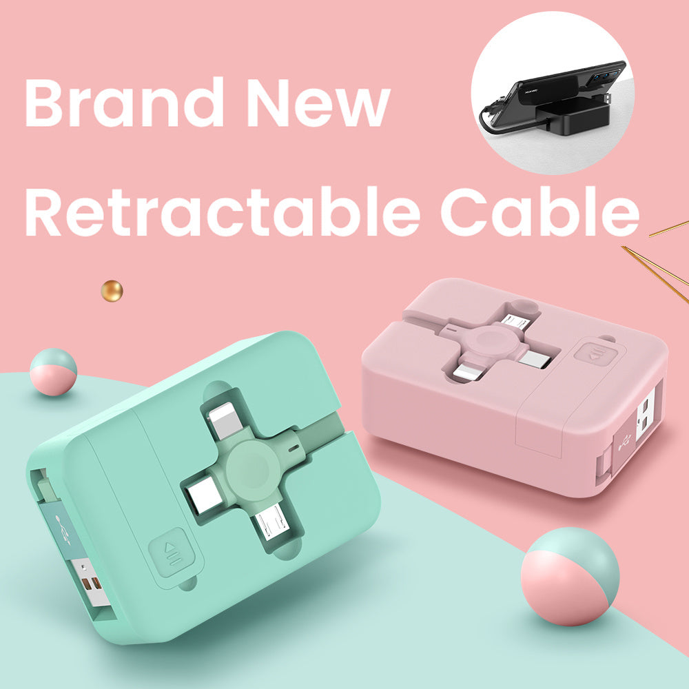 4-in-1 Retractable Charging Data Cable with Phone Stand & Storage - USB to Type C, Micro, Lightning