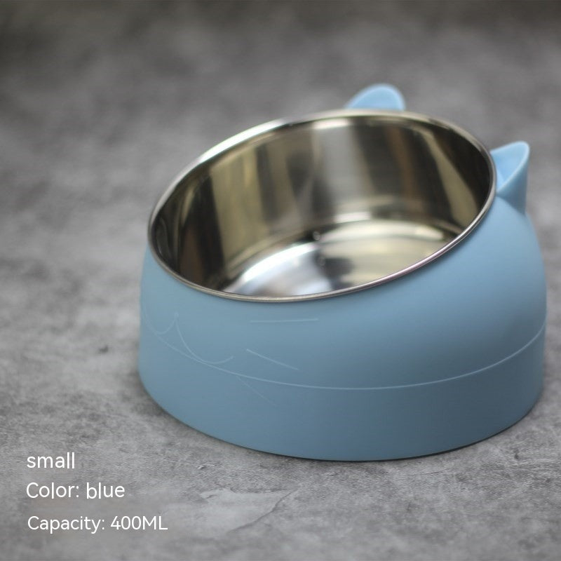 Stainless Steel Double Bowl Cat Dog Cervical Protection Oblique Mouth Hot Pet Food Basin Supplies