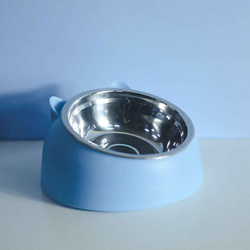 Stainless Steel Double Bowl Cat Dog Cervical Protection Oblique Mouth Hot Pet Food Basin Supplies