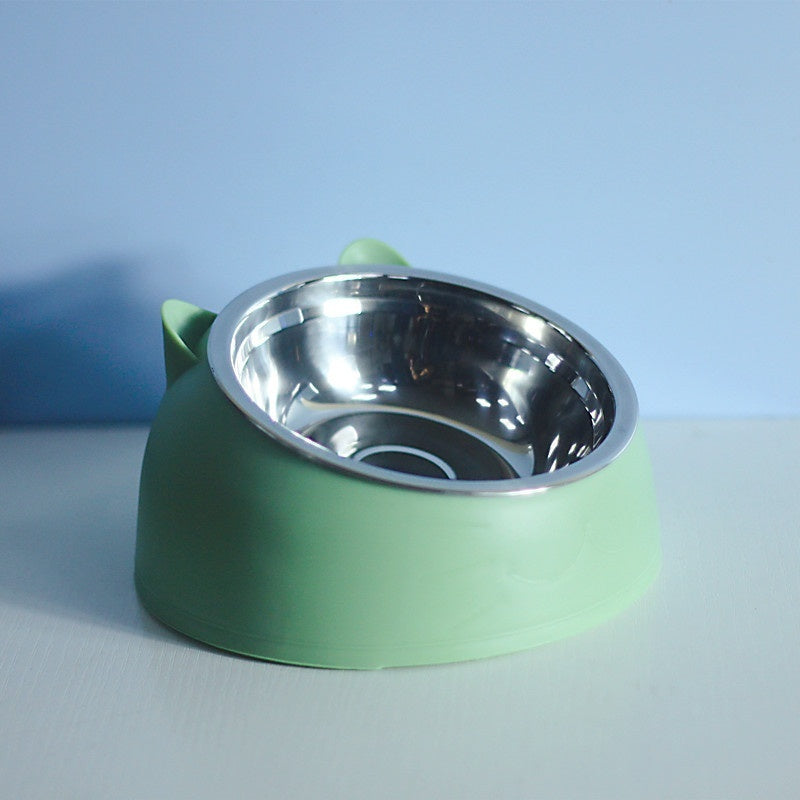 Stainless Steel Double Bowl Cat Dog Cervical Protection Oblique Mouth Hot Pet Food Basin Supplies