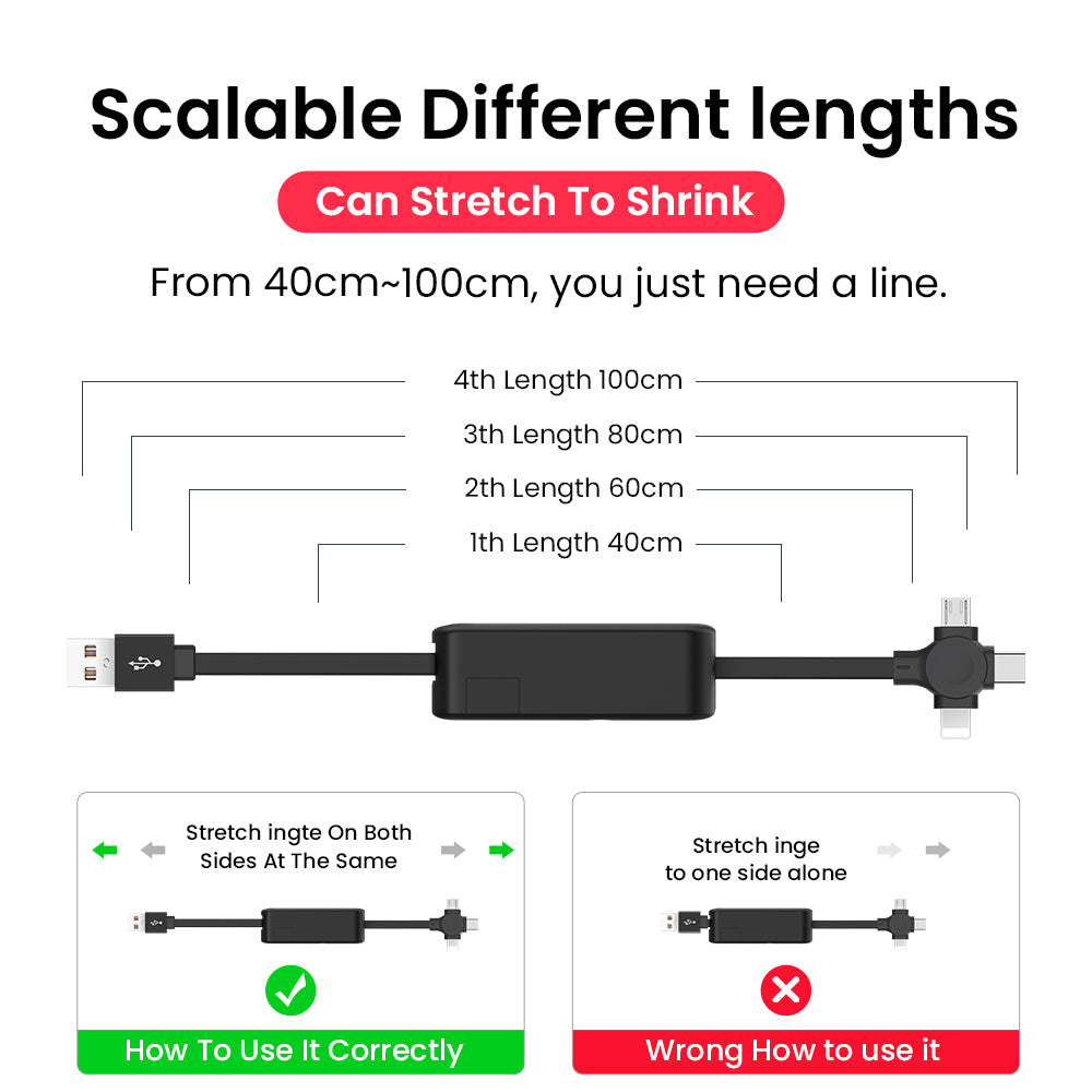 4-in-1 Retractable Charging Data Cable with Phone Stand & Storage - USB to Type C, Micro, Lightning