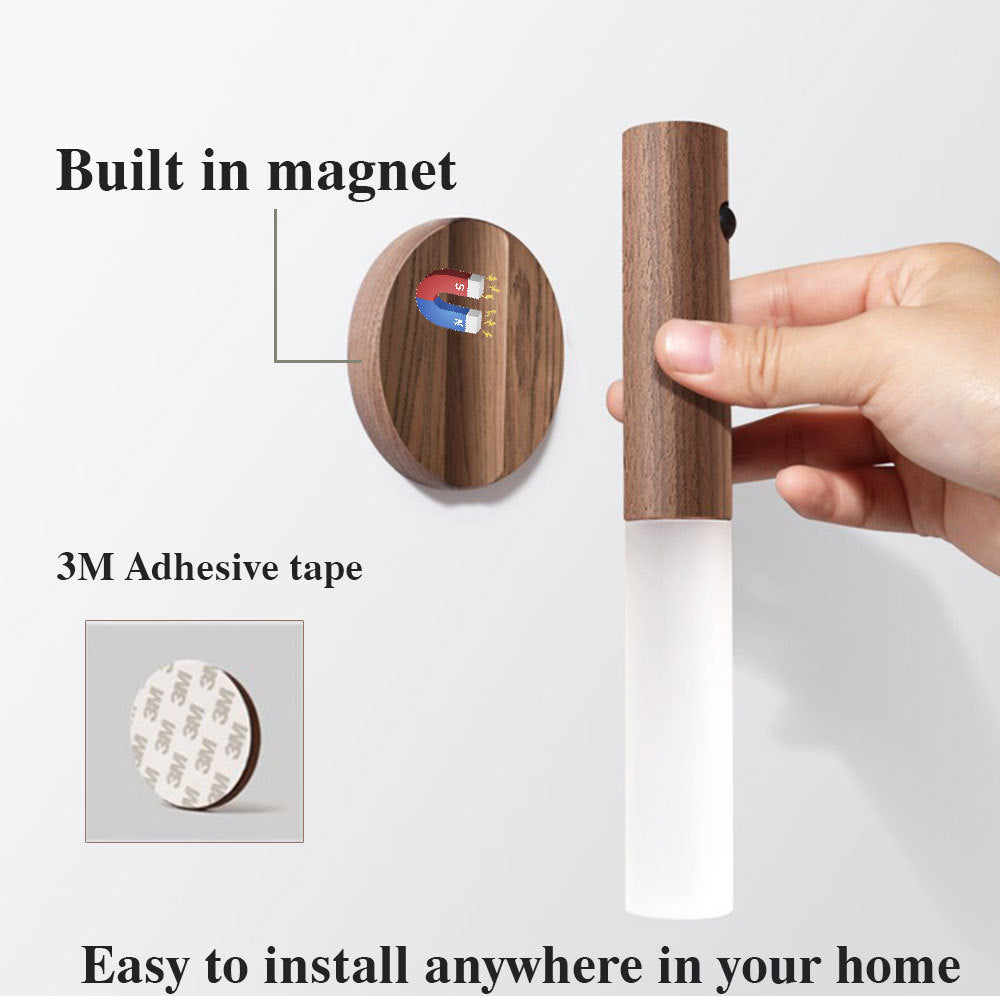 Motion Sensor LED Night Light - USB Rechargeable Magnetic Wood Wall Lamp for Hallway Cabinet