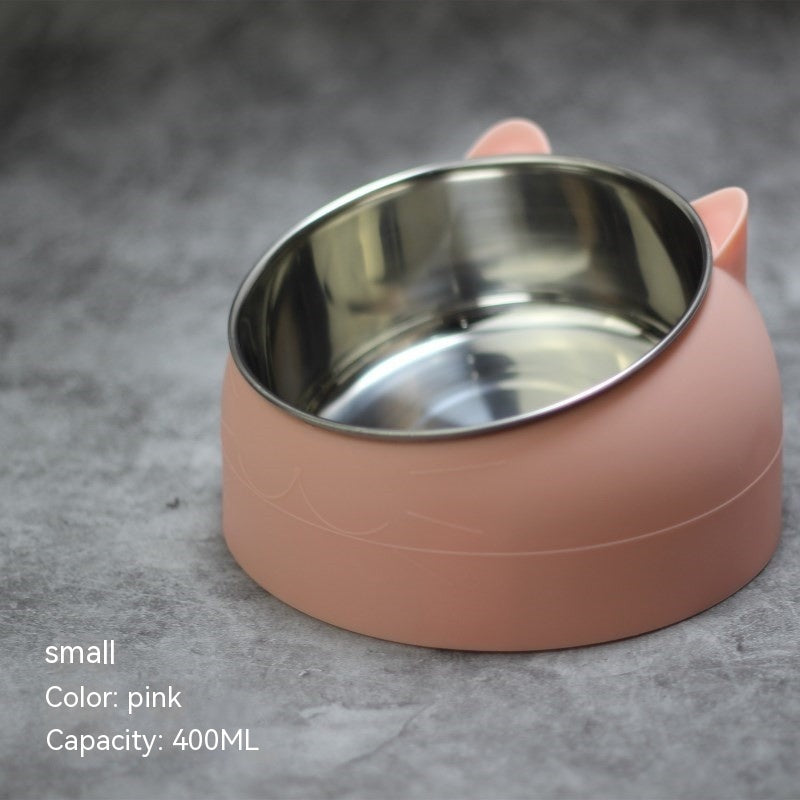 Stainless Steel Double Bowl Cat Dog Cervical Protection Oblique Mouth Hot Pet Food Basin Supplies