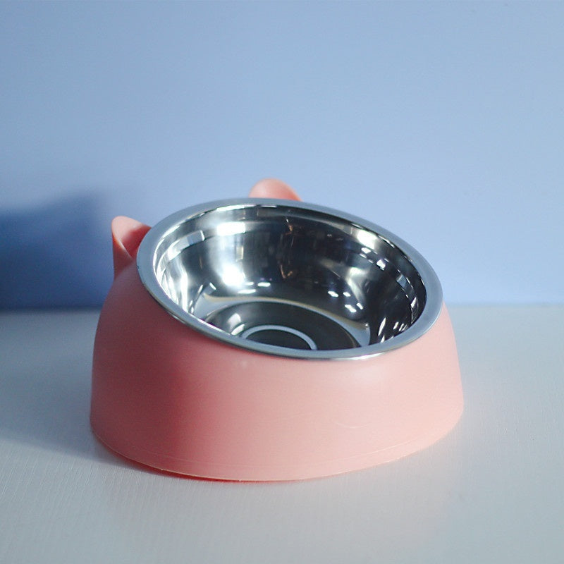 Stainless Steel Double Bowl Cat Dog Cervical Protection Oblique Mouth Hot Pet Food Basin Supplies