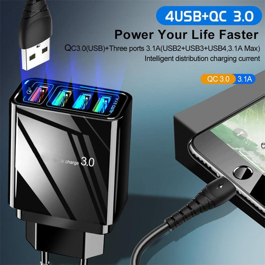 Illuminated 4-USB Phone Charger Plug - 3A Fast Charging Multiport Adapter