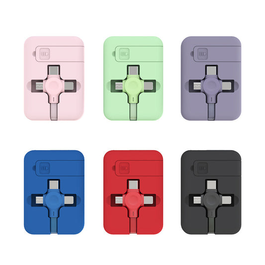4-in-1 Retractable Charging Data Cable with Phone Stand & Storage - USB to Type C, Micro, Lightning