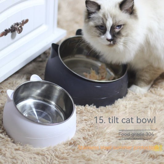 Stainless Steel Double Bowl Cat Dog Cervical Protection Oblique Mouth Hot Pet Food Basin Supplies