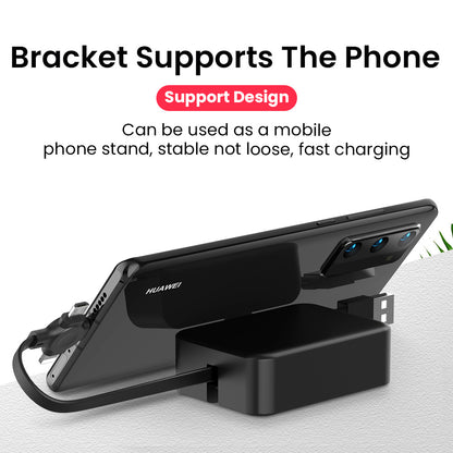 4-in-1 Retractable Charging Data Cable with Phone Stand & Storage - USB to Type C, Micro, Lightning