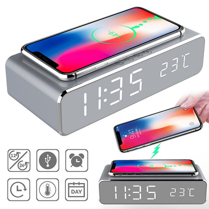 Wireless Charging Alarm Clock with LED Display & Thermometer