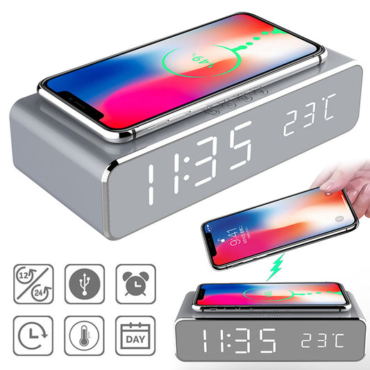 Wireless Charging Alarm Clock with LED Display & Thermometer