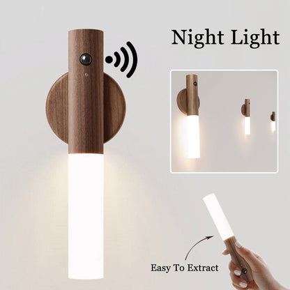 Motion Sensor LED Night Light - USB Rechargeable Magnetic Wood Wall Lamp for Hallway Cabinet