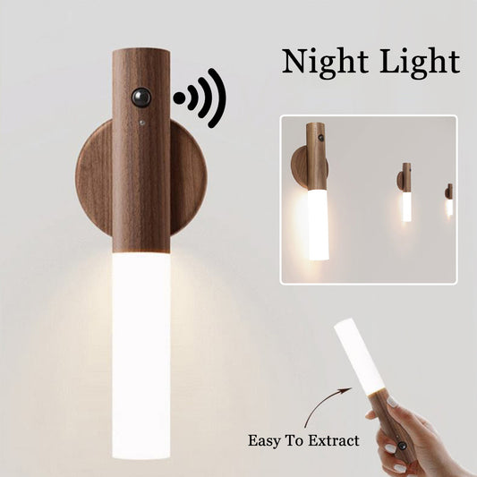 Motion Sensor LED Night Light - USB Rechargeable Magnetic Wood Wall Lamp for Hallway Cabinet